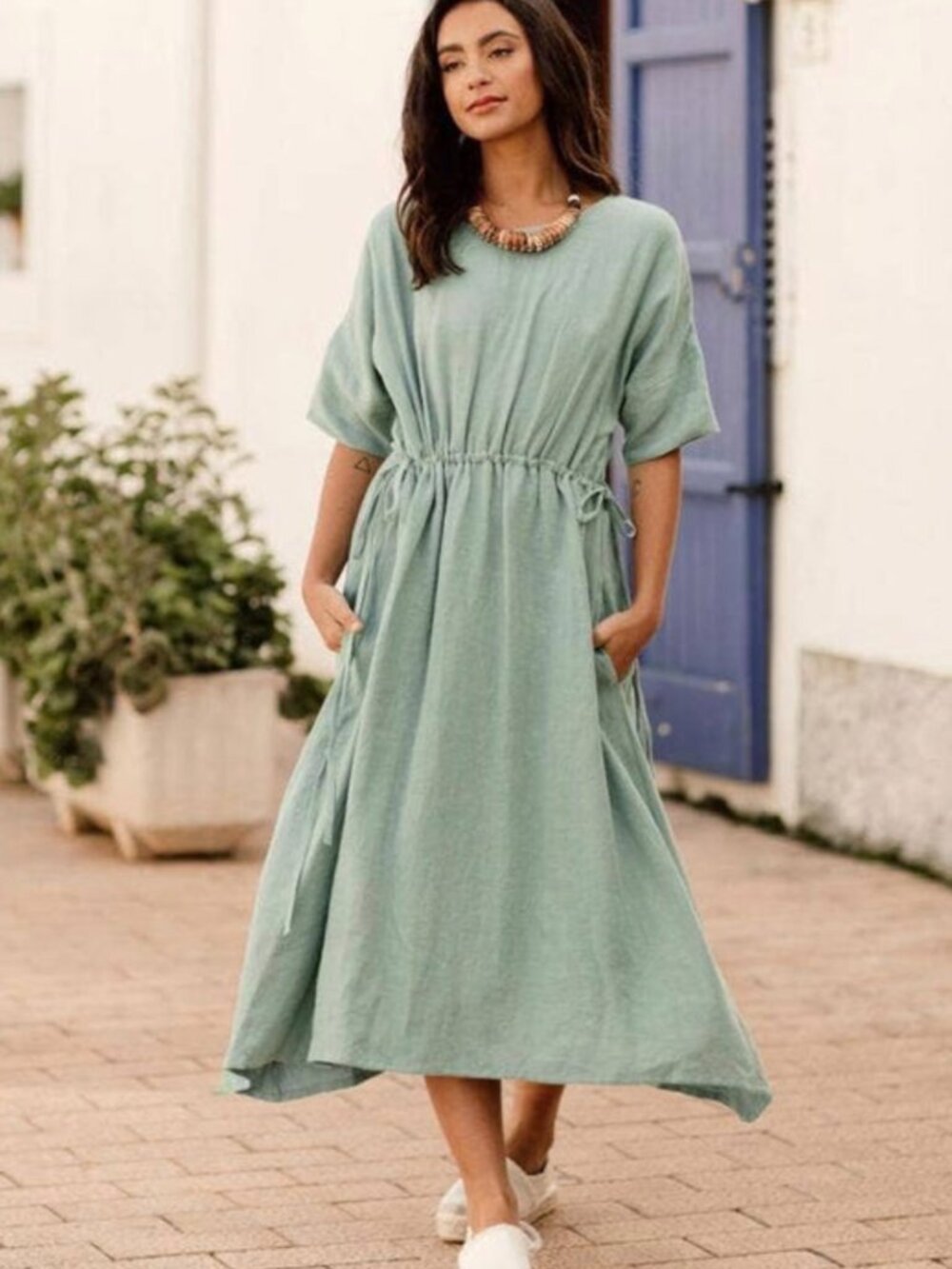 Magic Linen Pompeii Oversized 100% Linen Soft Green Midi Dress size XS/M